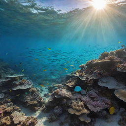 An enchanting, underwater scene teeming with a multitude of brightly coloured fish, delicate corals and clear, turquoise water sparkling beneath the golden sun.