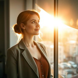 A young European woman at work, standing near a large window and gazing outside with a thoughtful expression