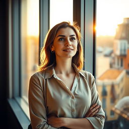 A young European woman at work, standing near a large window and gazing outside with a thoughtful expression