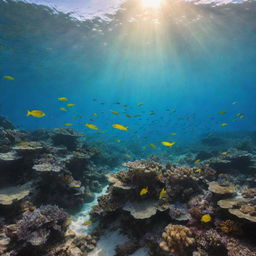 An enchanting, underwater scene teeming with a multitude of brightly coloured fish, delicate corals and clear, turquoise water sparkling beneath the golden sun.