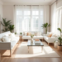 A beautifully designed light living room, filled with natural sunlight and featuring a soft white bench alongside a plush white sofa