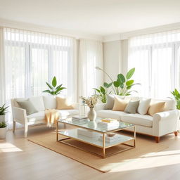 A beautifully designed light living room, filled with natural sunlight and featuring a soft white bench alongside a plush white sofa