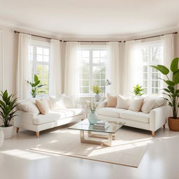 A beautifully designed light living room, filled with natural sunlight and featuring a soft white bench alongside a plush white sofa