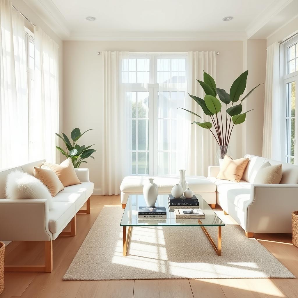 A beautifully designed light living room, filled with natural sunlight and featuring a soft white bench alongside a plush white sofa