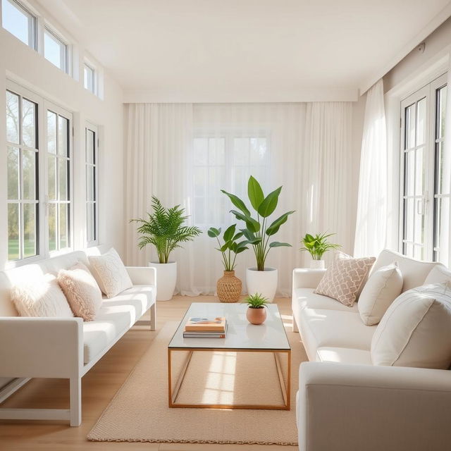 An inviting interior of a light living room, showcasing a soft white bench and a plush white sofa