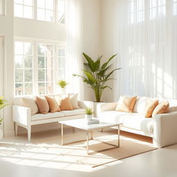 An inviting interior of a light living room, showcasing a soft white bench and a plush white sofa