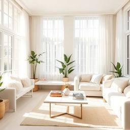 An inviting interior of a light living room, showcasing a soft white bench and a plush white sofa