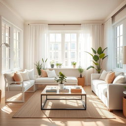 An inviting interior of a light living room, showcasing a soft white bench and a plush white sofa