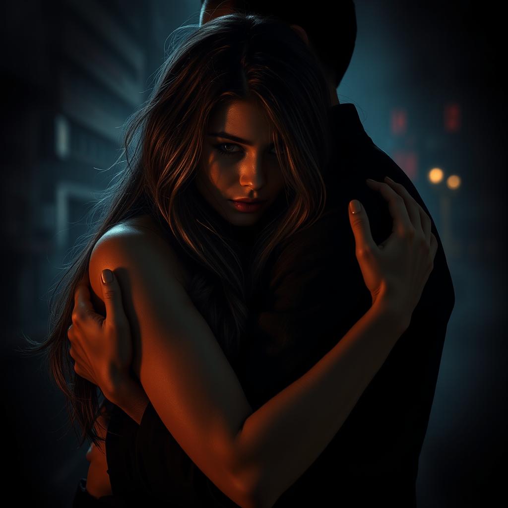 A visually striking scene depicting a young woman intimately entwined with a mysterious partner, enveloped by shadows in a dimly lit, atmospheric setting