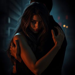 A visually striking scene depicting a young woman intimately entwined with a mysterious partner, enveloped by shadows in a dimly lit, atmospheric setting