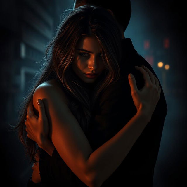 A visually striking scene depicting a young woman intimately entwined with a mysterious partner, enveloped by shadows in a dimly lit, atmospheric setting