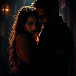 A visually striking scene depicting a young woman intimately entwined with a mysterious partner, enveloped by shadows in a dimly lit, atmospheric setting