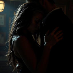 A visually striking scene depicting a young woman intimately entwined with a mysterious partner, enveloped by shadows in a dimly lit, atmospheric setting