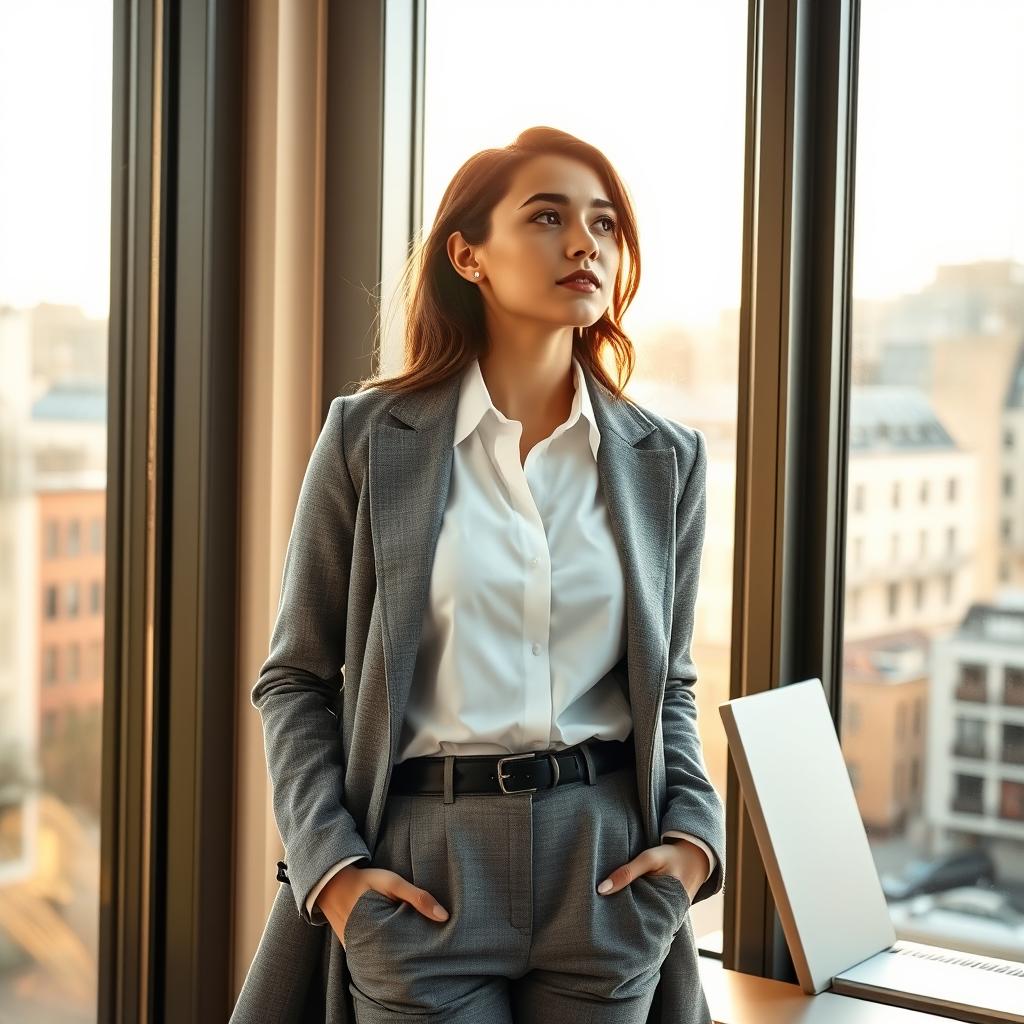 A young European woman at work, standing near a large window and gazing outside with a reflective expression, basking in the warm, sun-kissed light streaming through the glass