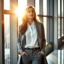 A young European woman at work, standing near a large window and gazing outside with a reflective expression, basking in the warm, sun-kissed light streaming through the glass