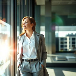 A young European woman at work, standing near a large window and gazing outside with a reflective expression, basking in the warm, sun-kissed light streaming through the glass