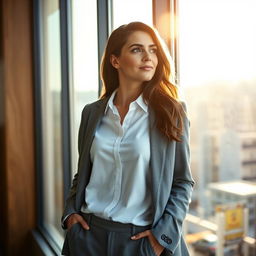 A young European woman at work, standing near a large window and gazing outside with a reflective expression, basking in the warm, sun-kissed light streaming through the glass