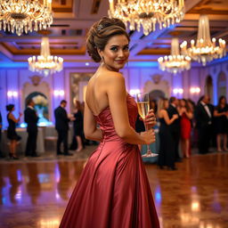 A graceful, sophisticated woman dressed in an elegant evening gown, standing confidently in a beautifully decorated ballroom with sparkling chandeliers overhead