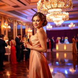 A graceful, sophisticated woman dressed in an elegant evening gown, standing confidently in a beautifully decorated ballroom with sparkling chandeliers overhead