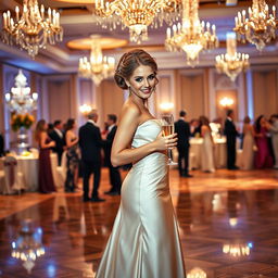 A graceful, sophisticated woman dressed in an elegant evening gown, standing confidently in a beautifully decorated ballroom with sparkling chandeliers overhead