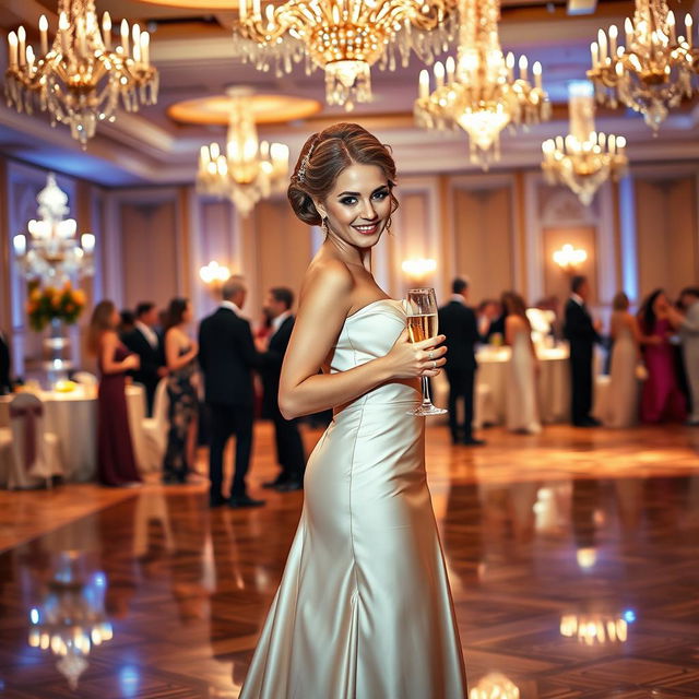 A graceful, sophisticated woman dressed in an elegant evening gown, standing confidently in a beautifully decorated ballroom with sparkling chandeliers overhead