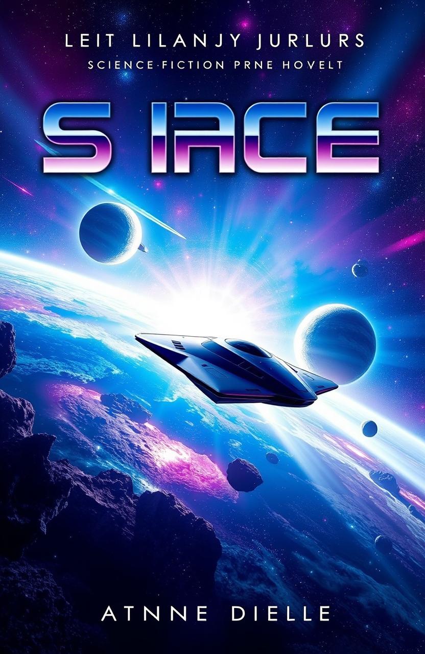 A stunning book cover for a science fiction novel about space exploration, featuring a majestic view of a galaxy filled with vibrant colors: deep blues, purples, and sparkling stars