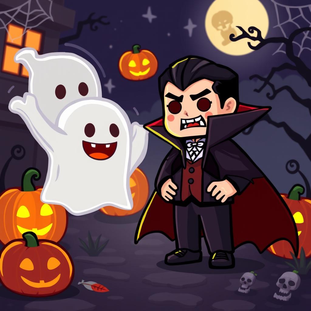 A custom Halloween-themed scene featuring pixelated avatars inspired by Habbo Hotel, specifically designed as a unique Dracula character and a ghost