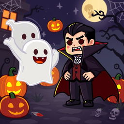 A custom Halloween-themed scene featuring pixelated avatars inspired by Habbo Hotel, specifically designed as a unique Dracula character and a ghost