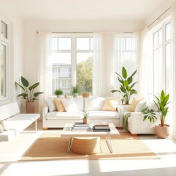 An inviting interior of a light living room, filled with abundant natural light and featuring a soft white bench and a plush white sofa