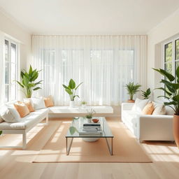 An inviting interior of a light living room, filled with abundant natural light and featuring a soft white bench and a plush white sofa