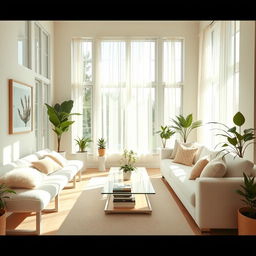 An inviting interior of a light living room, filled with abundant natural light and featuring a soft white bench and a plush white sofa