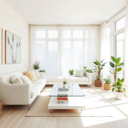 An inviting interior of a light living room, filled with abundant natural light and featuring a soft white bench and a plush white sofa