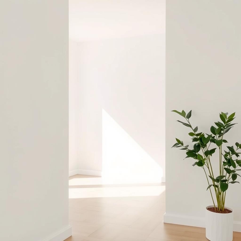 A stylish house interior background featuring simple white walls that convey a sense of openness and brightness