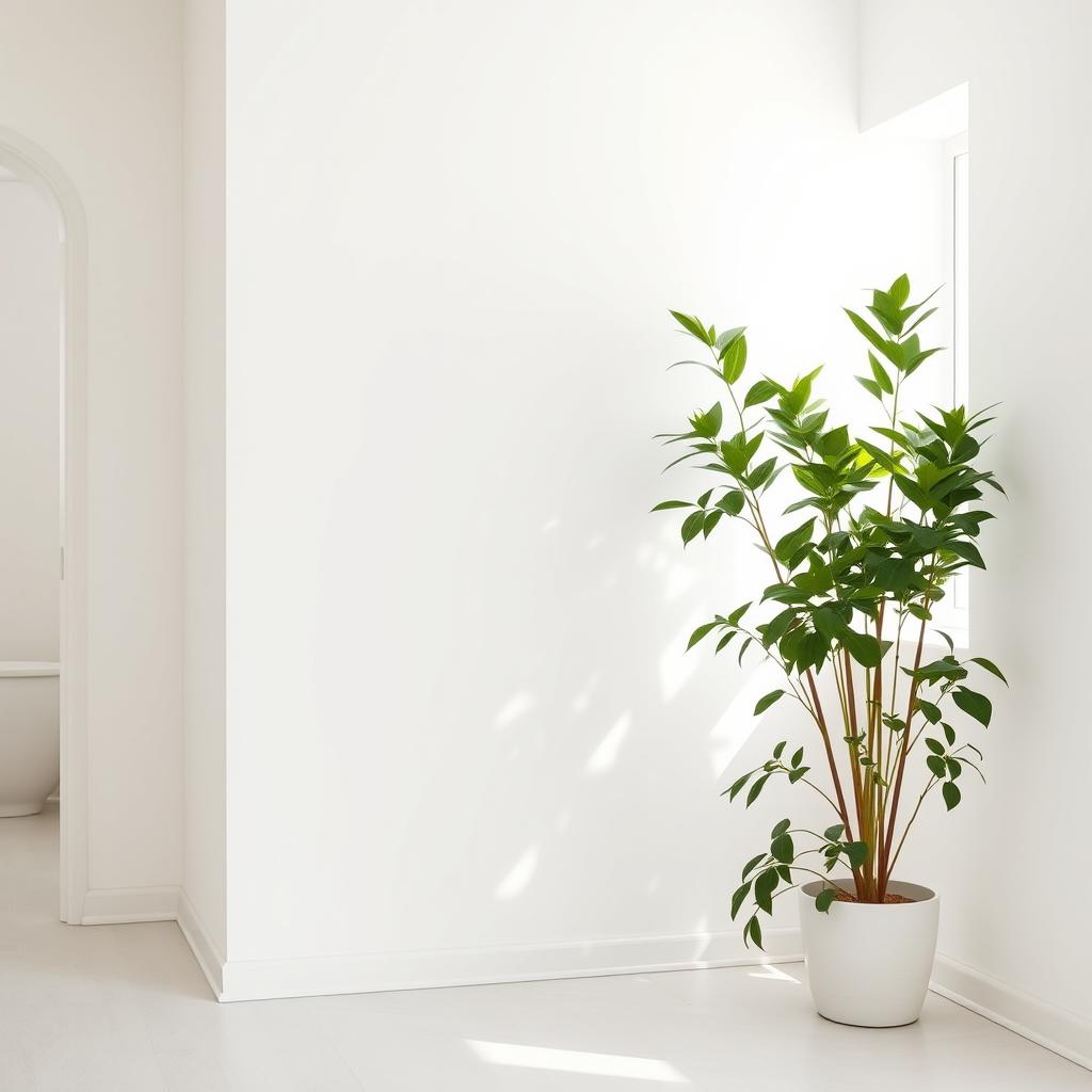 A stylish house interior background featuring simple white walls that convey a sense of openness and brightness