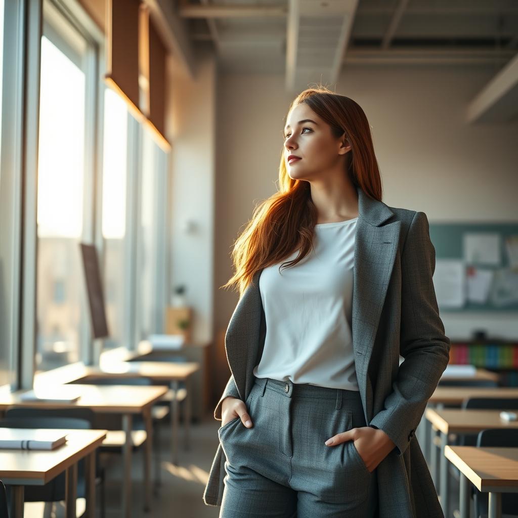 A young European woman at work, standing in a bright college classroom and looking outside a large window, bathed in warm, sun-kissed light