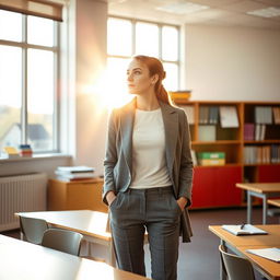 A young European woman at work, standing in a bright college classroom and looking outside a large window, bathed in warm, sun-kissed light