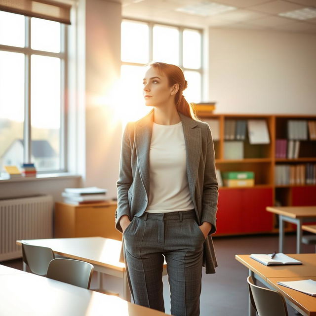 A young European woman at work, standing in a bright college classroom and looking outside a large window, bathed in warm, sun-kissed light