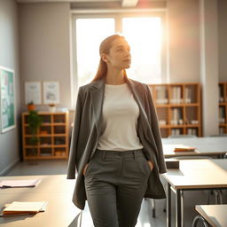 A young European woman at work, standing in a bright college classroom and looking outside a large window, bathed in warm, sun-kissed light