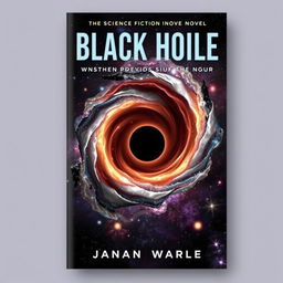 An intriguing book cover for a science fiction novel centered around black holes, showcasing a breathtaking depiction of a black hole at the center