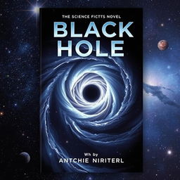 An intriguing book cover for a science fiction novel centered around black holes, showcasing a breathtaking depiction of a black hole at the center