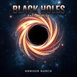 An intriguing book cover for a science fiction novel centered around black holes, showcasing a breathtaking depiction of a black hole at the center