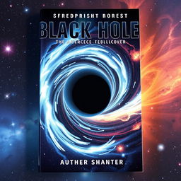 An intriguing book cover for a science fiction novel centered around black holes, showcasing a breathtaking depiction of a black hole at the center