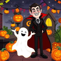 A lively Halloween-themed scene inspired by Habbo Hotel, featuring custom avatars: one is a Dracula character dressed in a stylish black cape with red accents, slicked-back hair, and sharp fangs, while the other is a whimsical ghost avatar, playfully floating with a big, friendly smile and translucent white fabric