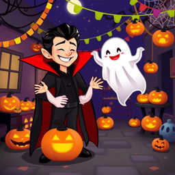 A lively Halloween-themed scene inspired by Habbo Hotel, featuring custom avatars: one is a Dracula character dressed in a stylish black cape with red accents, slicked-back hair, and sharp fangs, while the other is a whimsical ghost avatar, playfully floating with a big, friendly smile and translucent white fabric