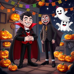 A lively Halloween-themed scene inspired by Habbo Hotel, featuring custom avatars: one is a Dracula character dressed in a stylish black cape with red accents, slicked-back hair, and sharp fangs, while the other is a whimsical ghost avatar, playfully floating with a big, friendly smile and translucent white fabric