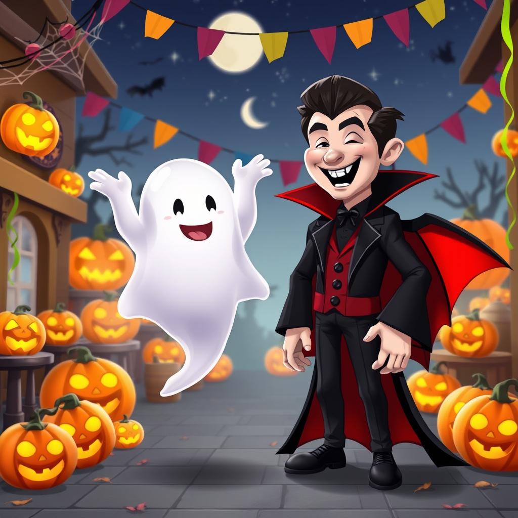 A lively Halloween-themed scene inspired by Habbo Hotel, featuring custom avatars: one is a Dracula character dressed in a stylish black cape with red accents, slicked-back hair, and sharp fangs, while the other is a whimsical ghost avatar, playfully floating with a big, friendly smile and translucent white fabric