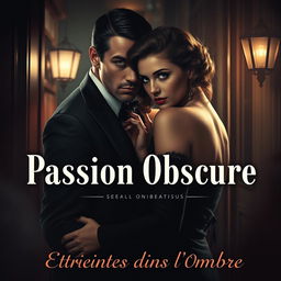 A seductive and mysterious scene featuring a femme fatale with an alluring gaze, dressed in glamorous vintage mafia attire, entwined in an intimate embrace with her husband