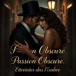 A seductive and mysterious scene featuring a femme fatale with an alluring gaze, dressed in glamorous vintage mafia attire, entwined in an intimate embrace with her husband