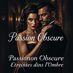 A seductive and mysterious scene featuring a femme fatale with an alluring gaze, dressed in glamorous vintage mafia attire, entwined in an intimate embrace with her husband