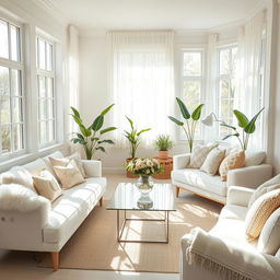 A beautifully designed interior of a light living room, filled with soft furnishings such as a cozy white bench and a comfortable white sofa